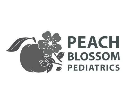 Logo for Peach Blossom Pediatrics featuring a peach with a blossom flower.