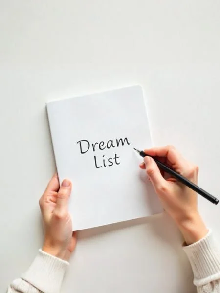 Person writing 'Dream List' on a white piece of paper with a black marker.