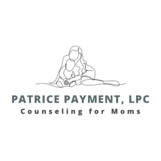 Line drawing of a woman hugging a child, with text that reads "Patrice Payment, LLC Counseling for Moms."