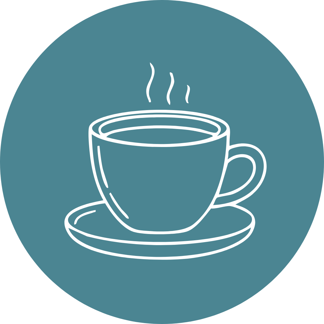 Line drawing of a steaming hot cup of coffee on a saucer, set against a blue circular background.