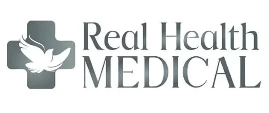 Logo for Real Health Medical, featuring a cross with a dove and the company name.
