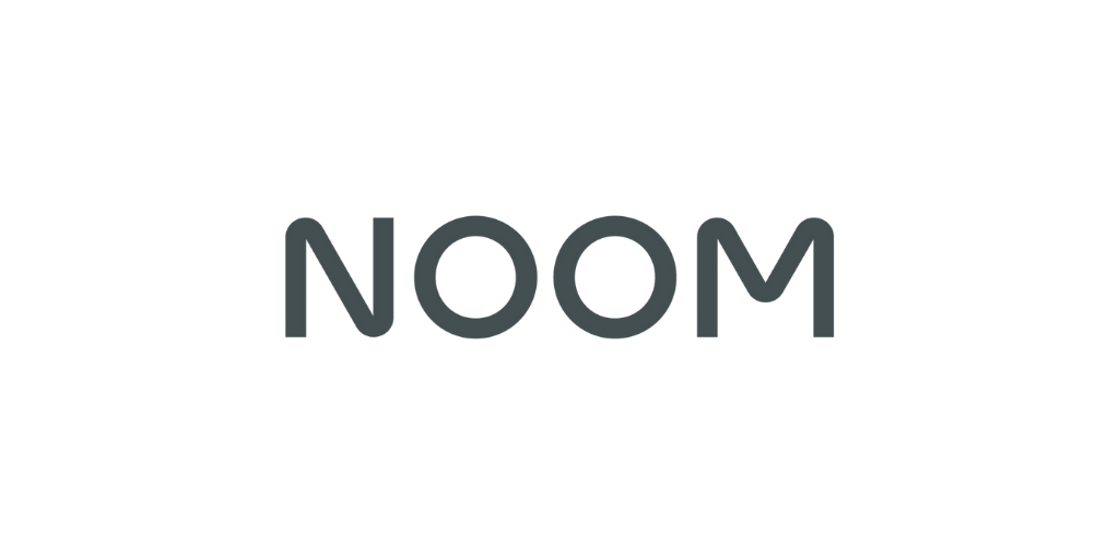 Logo with the word "NOOM" in black letters, with a small leaf above the letter "O" and a tagline below that reads "A healthier life".