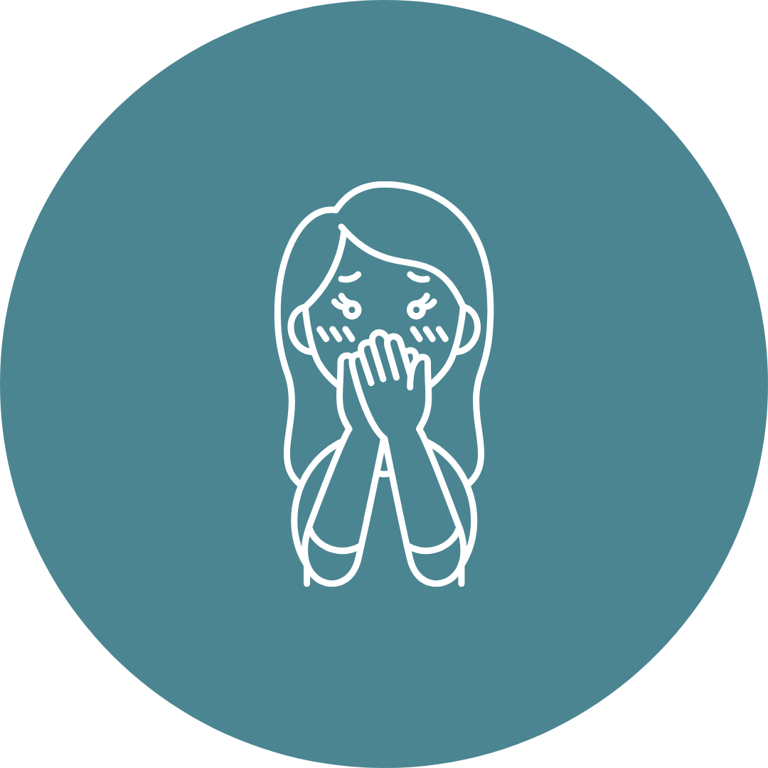 Line drawing of a sad girl covering her mouth and nose with her hands, blushing and with tears in her eyes.