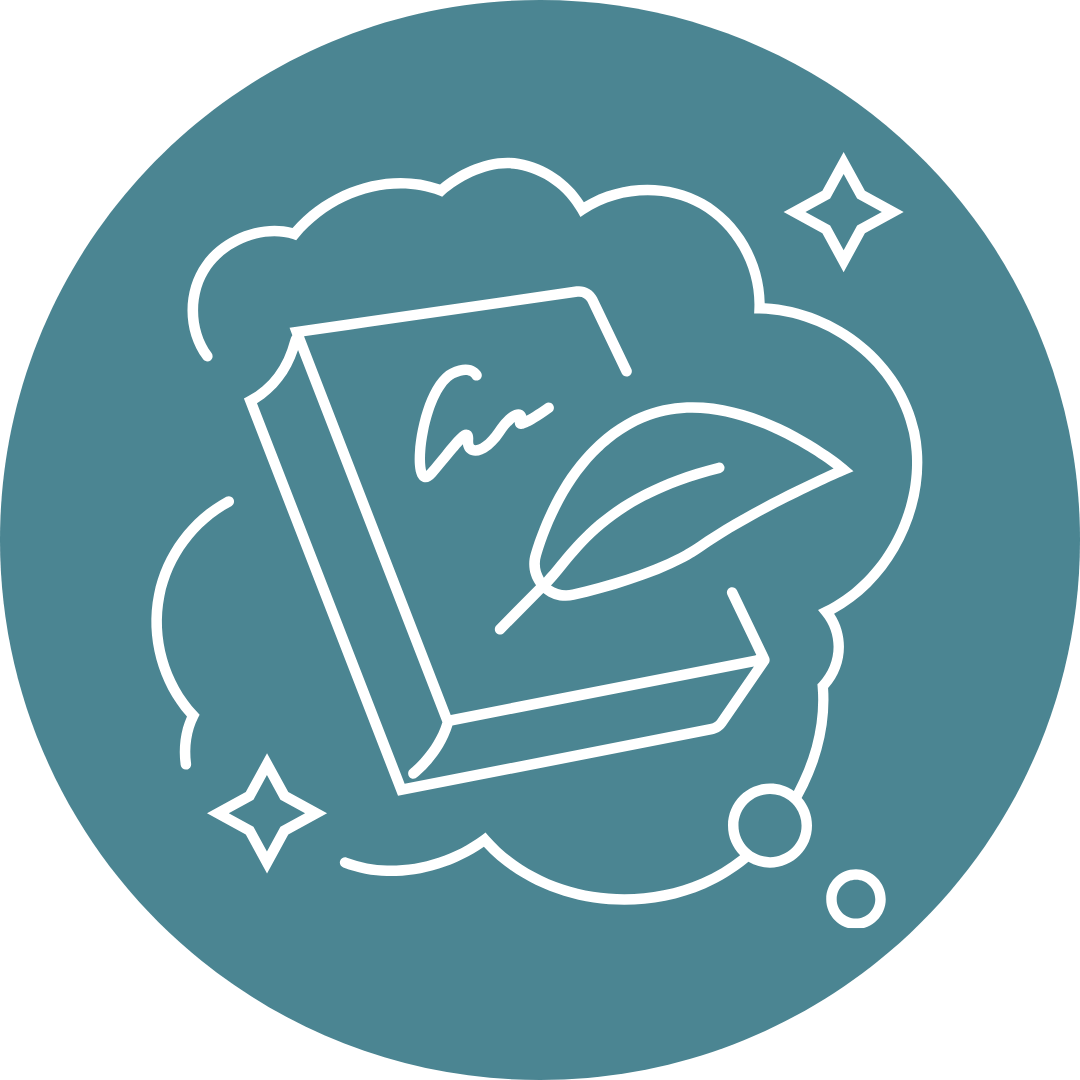 A graphic icon of a book with a leaf on its cover, surrounded by clouds, stars, and bubbles, representing nature and reading.
