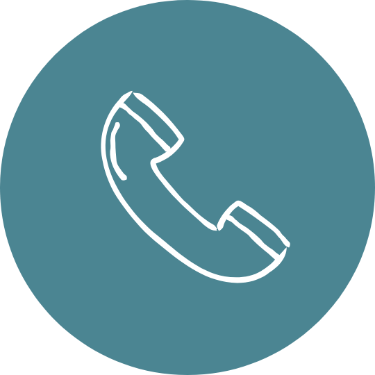 Icon of a white telephone handset on a teal circular background.