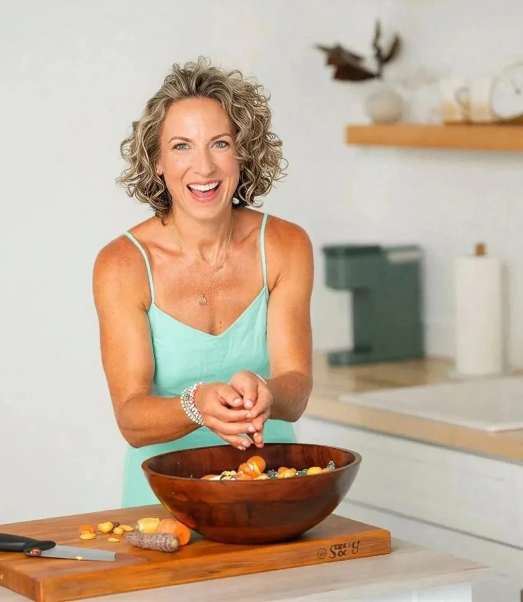 A woman with curly blonde hair is smiling and preparing a bowl of vegetables in a kitchen.