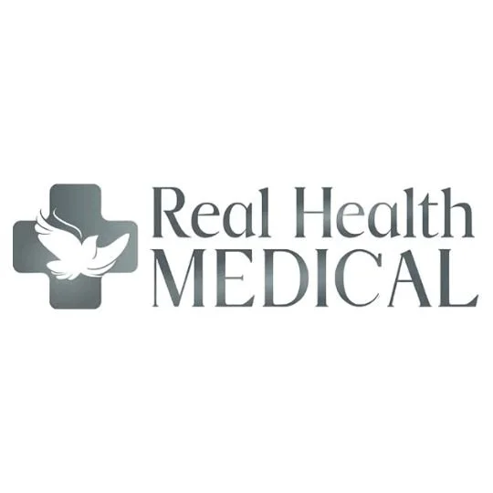 Logo with a medical cross and dove image, and the text 'Real Health Medical'