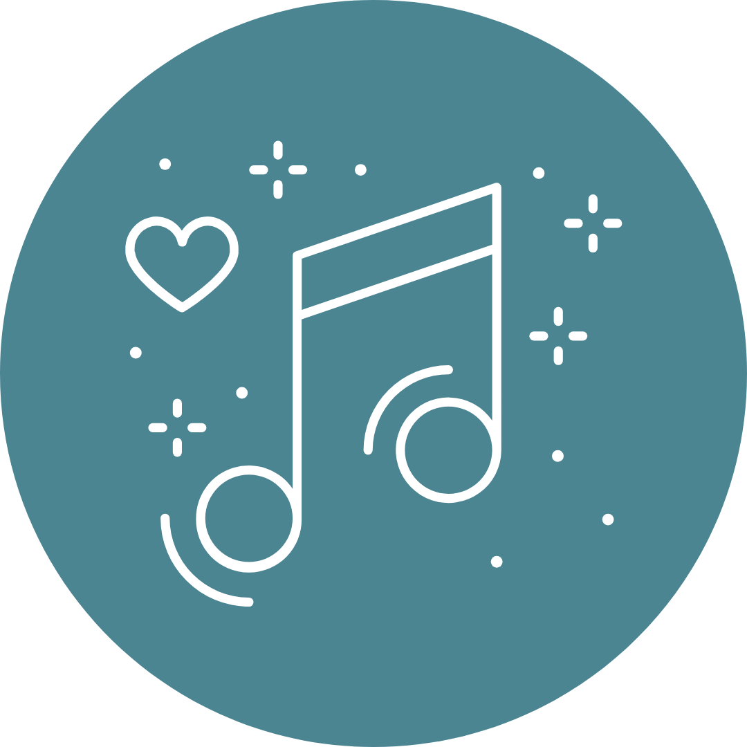 White outline of a musical note with a heart and sparkles on a blue circular background.
