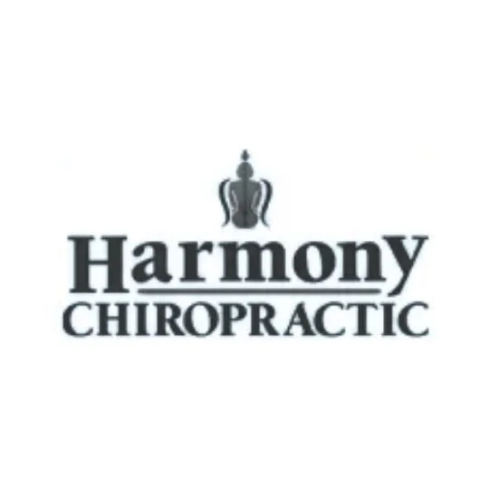 Logo for Harmony Chiropractic featuring a stylized figure of a person with a crown or headpiece, and the text 'Harmony Chiropractic' in bold black letters.