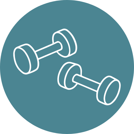 Icon of a pair of dumbbells on a teal circular background.