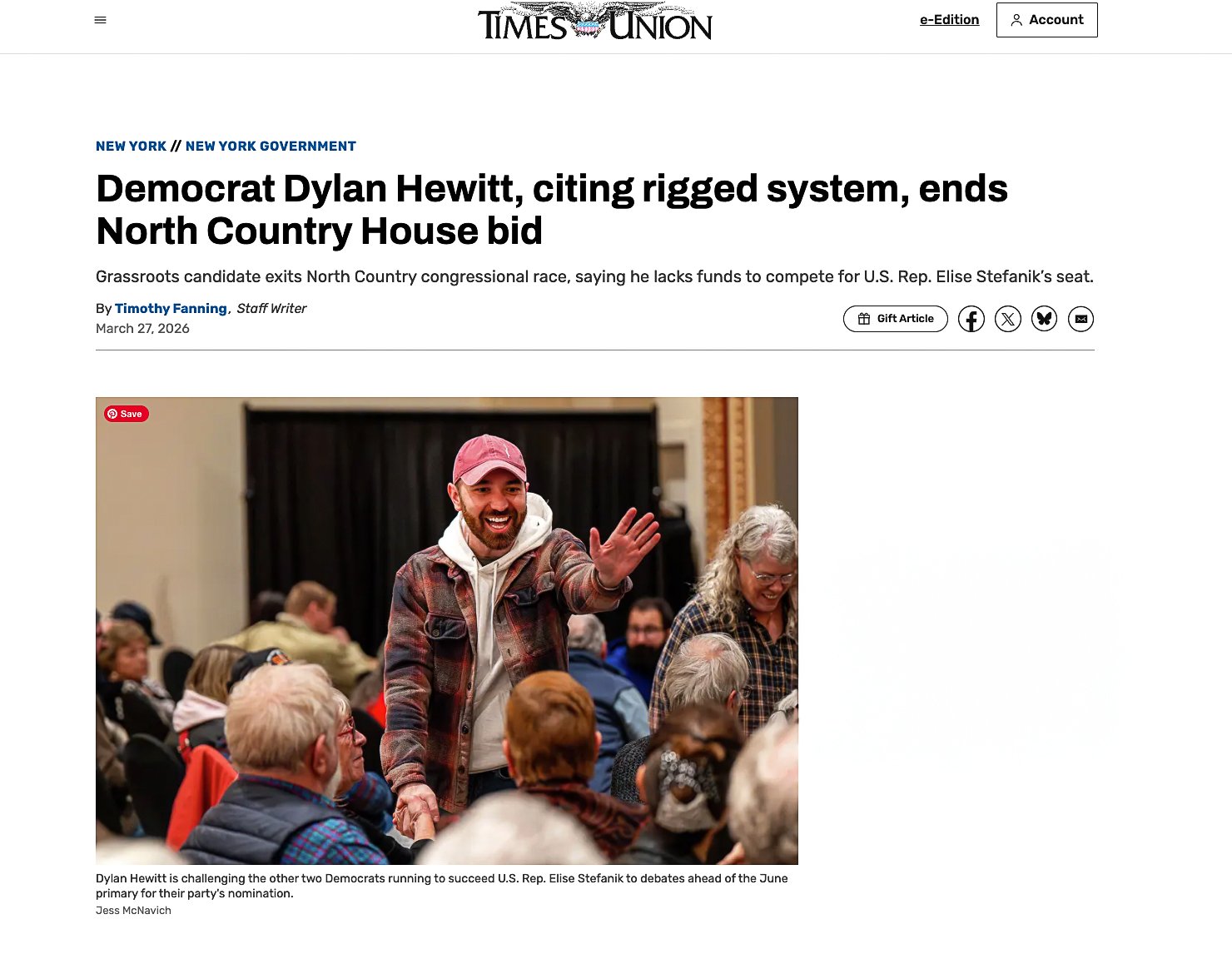 "Democrat Dylan Hewitt, Citing Rigged System, Ends North Country House Bid" 
Albany Times Union, March 27, 2026