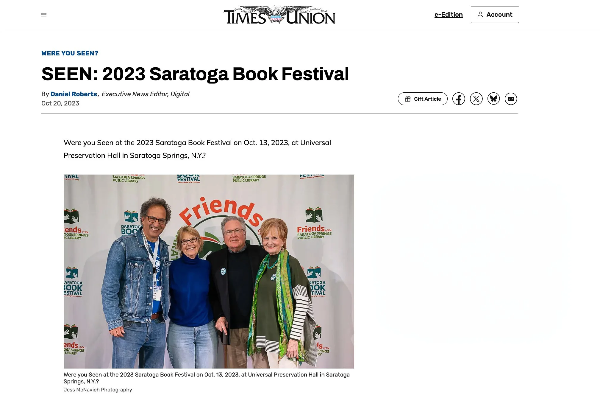 "SEEN: 2023 Saratoga Book Festival"
Albany Times Union, October 20, 2023