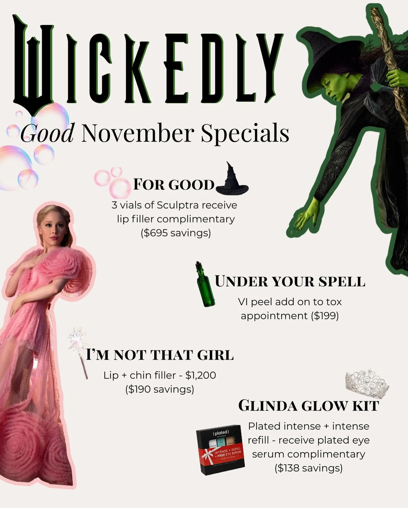 ✨ Wickedly Good November Specials are here! ✨
Because looking and feeling &ldquo;wicked&rdquo; never goes out of style 💖

💚 For Good &mdash; 3 vials of Sculptra + complimentary lip filler ($695 value)
💫 Under Your Spell &mdash; add a VI Peel to yo