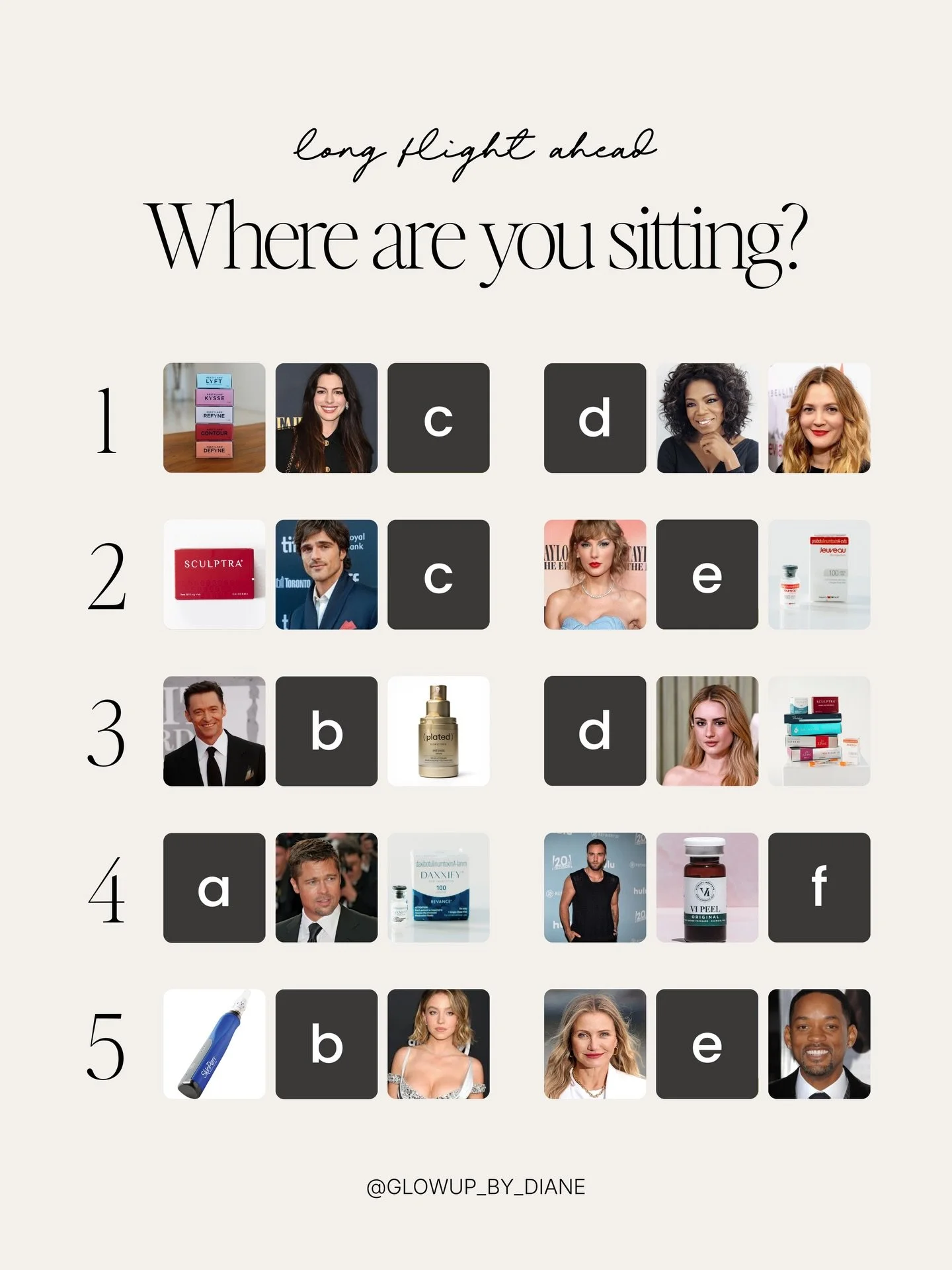 Long flight ahead, Chicago... where are you sitting? ✈️✨

Are you in Row 2 gossiping with Taylor and talking collagen with Sculptra? Or are you in Row 4 for some high-level skin strategy with Daxxify and Brad Pitt?

Choose below and tag your travel b