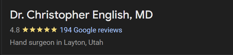 Screenshot of Dr. Christopher English, MD's profile showing a 4.8-star rating based on 194 Google reviews, indicating he is a hand surgeon in Layton, Utah.