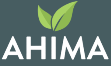 AHIMA logo with green leaves above the text