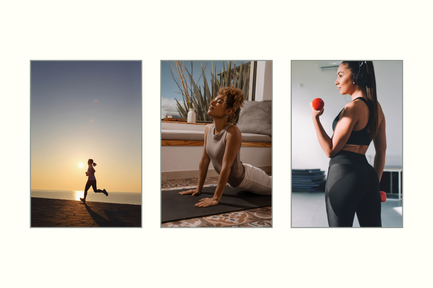 woman running, stretching, and lifting weights