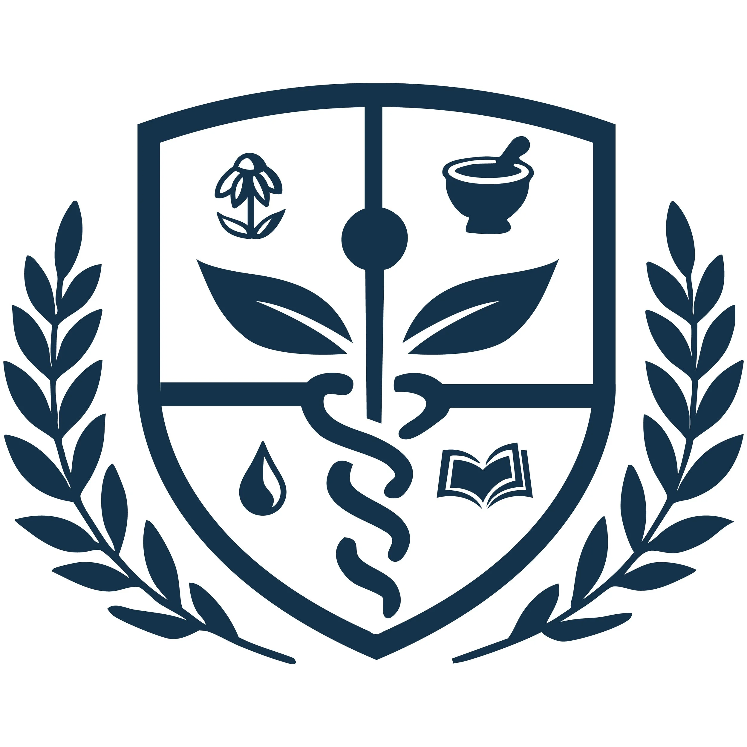 LOGO of North American Homeopathy Examiners. A dark blue graphic of a book with a plant, a spoon, and a bowl inside, surrounded by branches and leaves.
