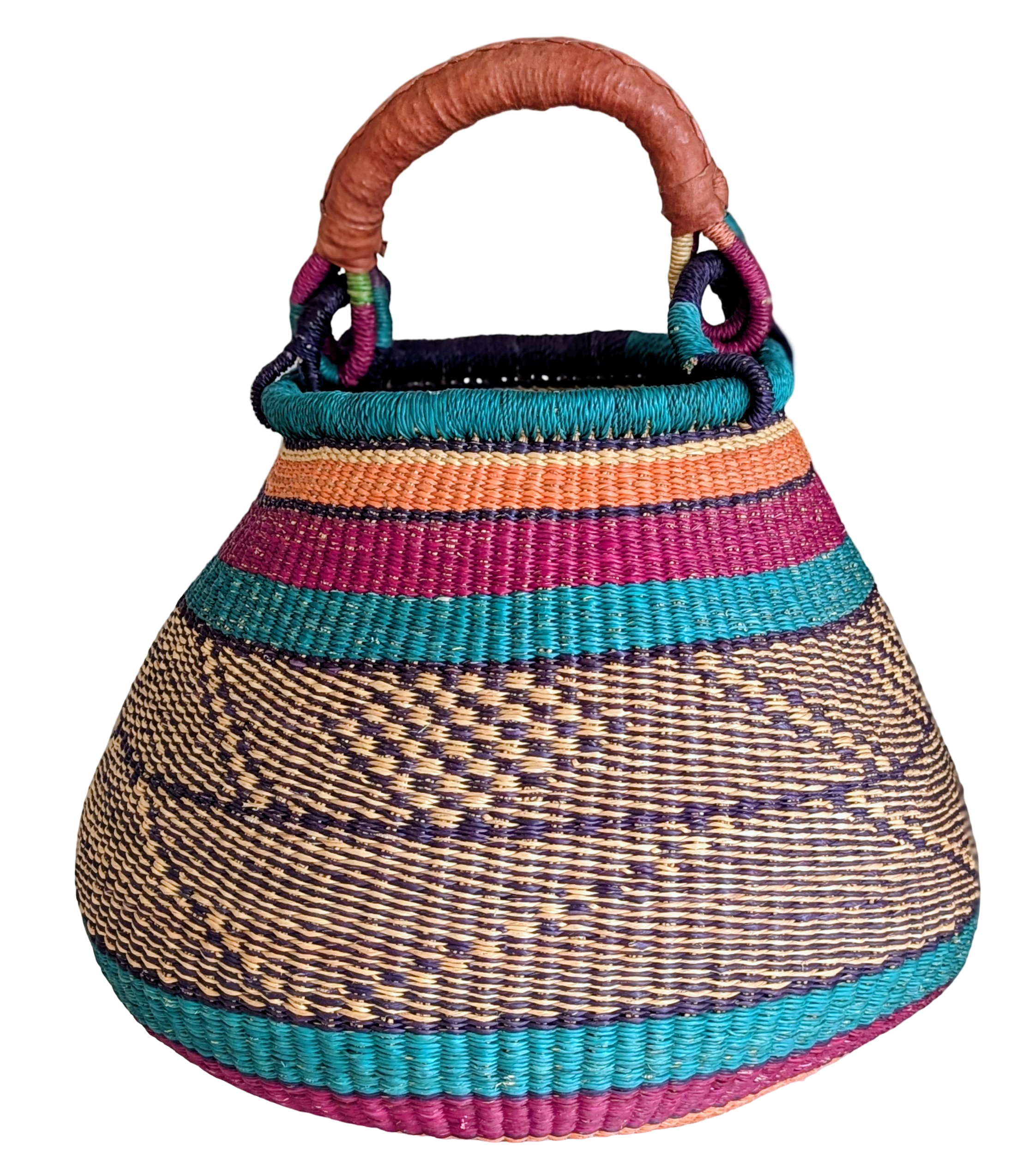 Large african bolga pot basket with teal, orange and pink accents.