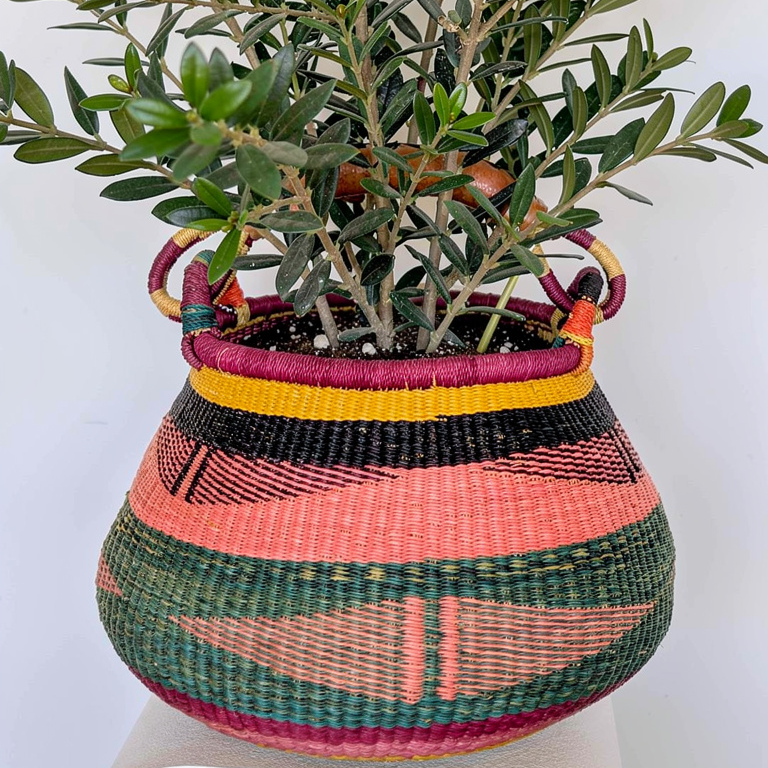 Colorful woven basket with a rounded shape, decorated with intricate multicolored patterns and a wrapped handle, placed outdoors with greenery in the background.