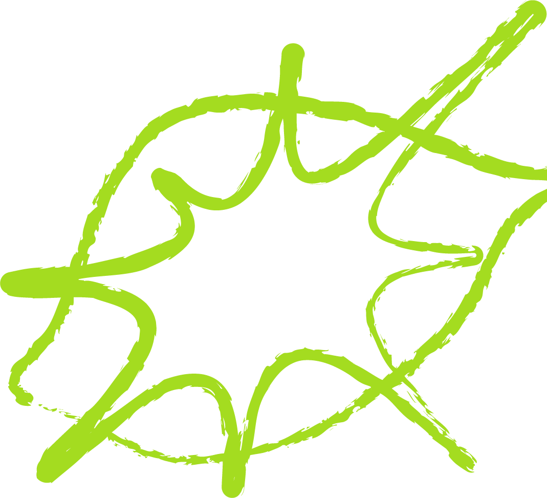 Green, irregularly-shaped geometric design with looped lines.