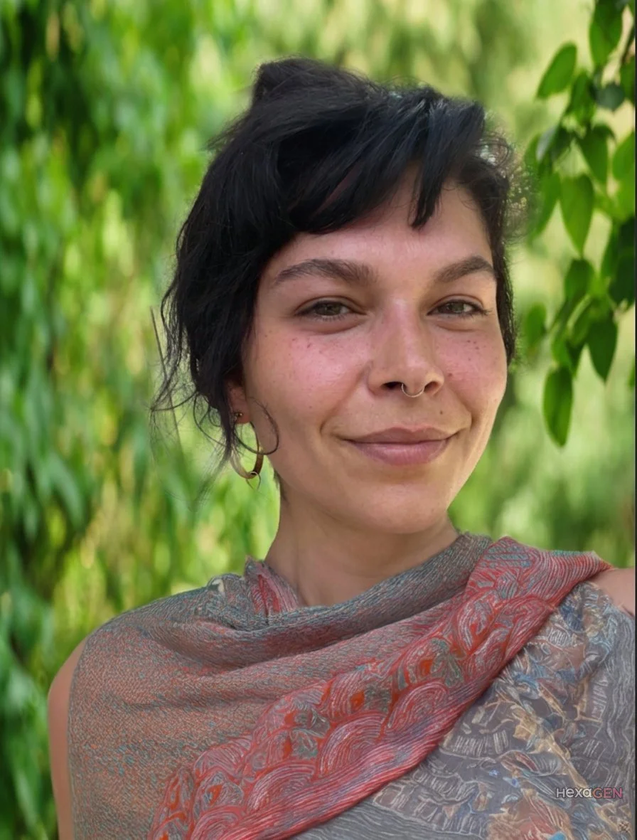 A woman with short black hair, a septum piercing, and earrings, wearing a patterned scarf, smiling outdoors with green foliage in the background.