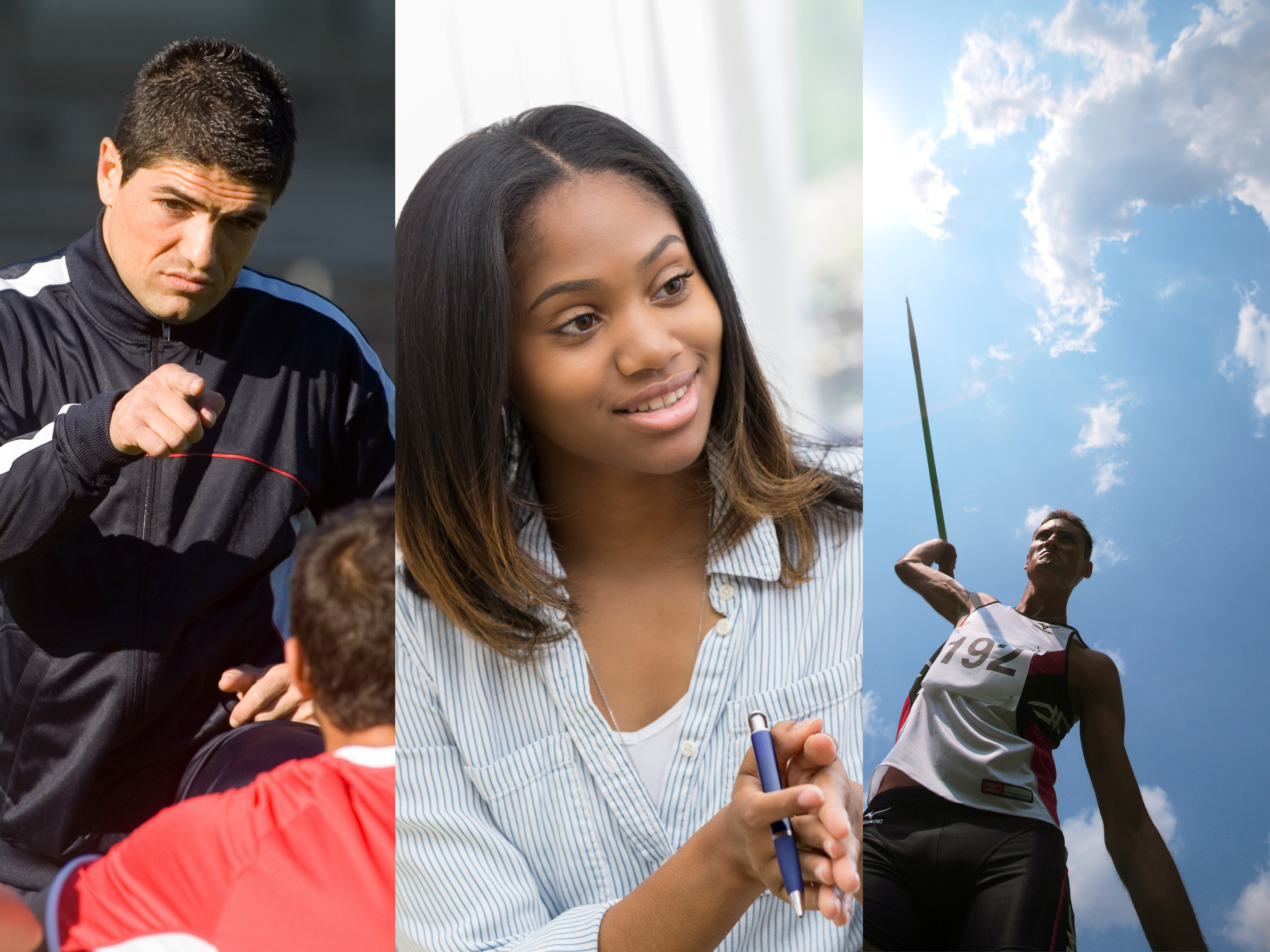 A collage of three images: a male athlete giving instructions during a coach-led sports practice, a woman holding a pen and smiling in an indoor setting, and a male shot put athlete throwing the shot put against a blue sky with clouds.