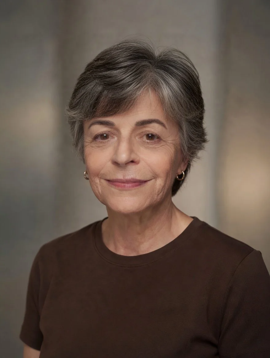 Close-up portrait of a mature woman with short reddish/grey hair, wearing small gold hoop earrings and a brown top, smiling softly against a blurred neutral background.