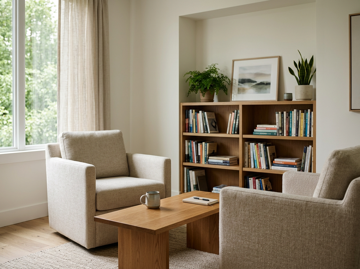A cozy living room corner with two beige armchairs, a wooden coffee table with a mug and notebook, a wooden bookshelf filled with books, and decorative plants on top of the bookshelf near a large window with beige curtains.
