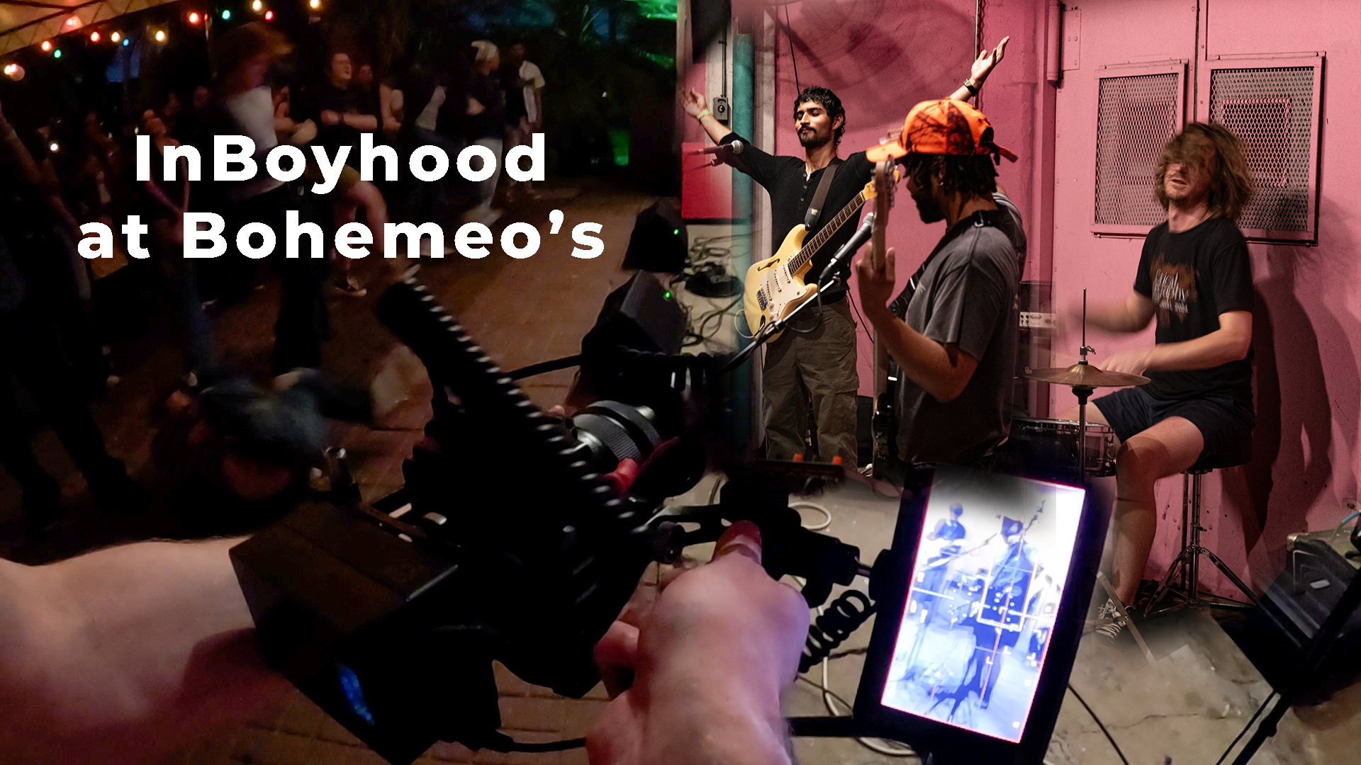 A band performs on stage at Boheme's, with members playing instruments and a crowd watching. The scene is lit with colorful lights, and the backdrop is pink with industrial elements.