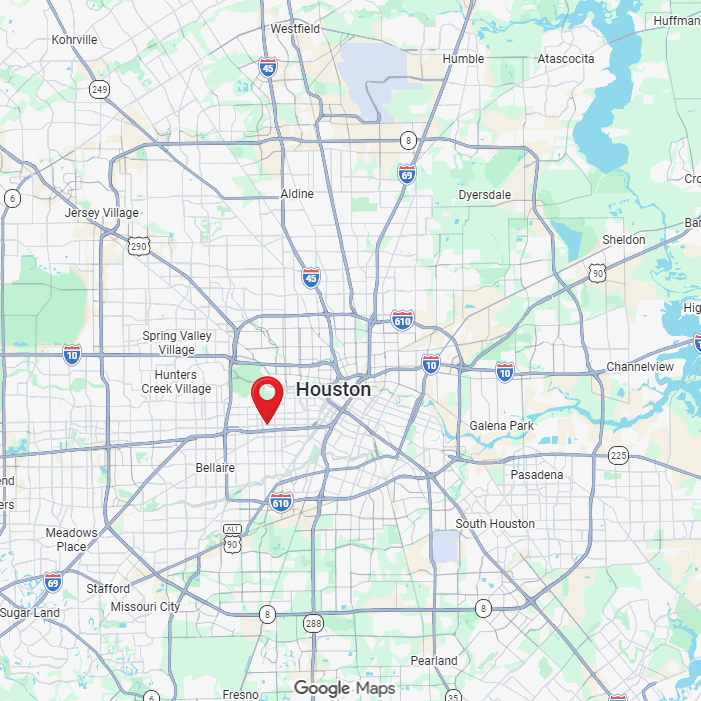 Map of Houston, Texas area with a red location marker southwest of downtown Houston.