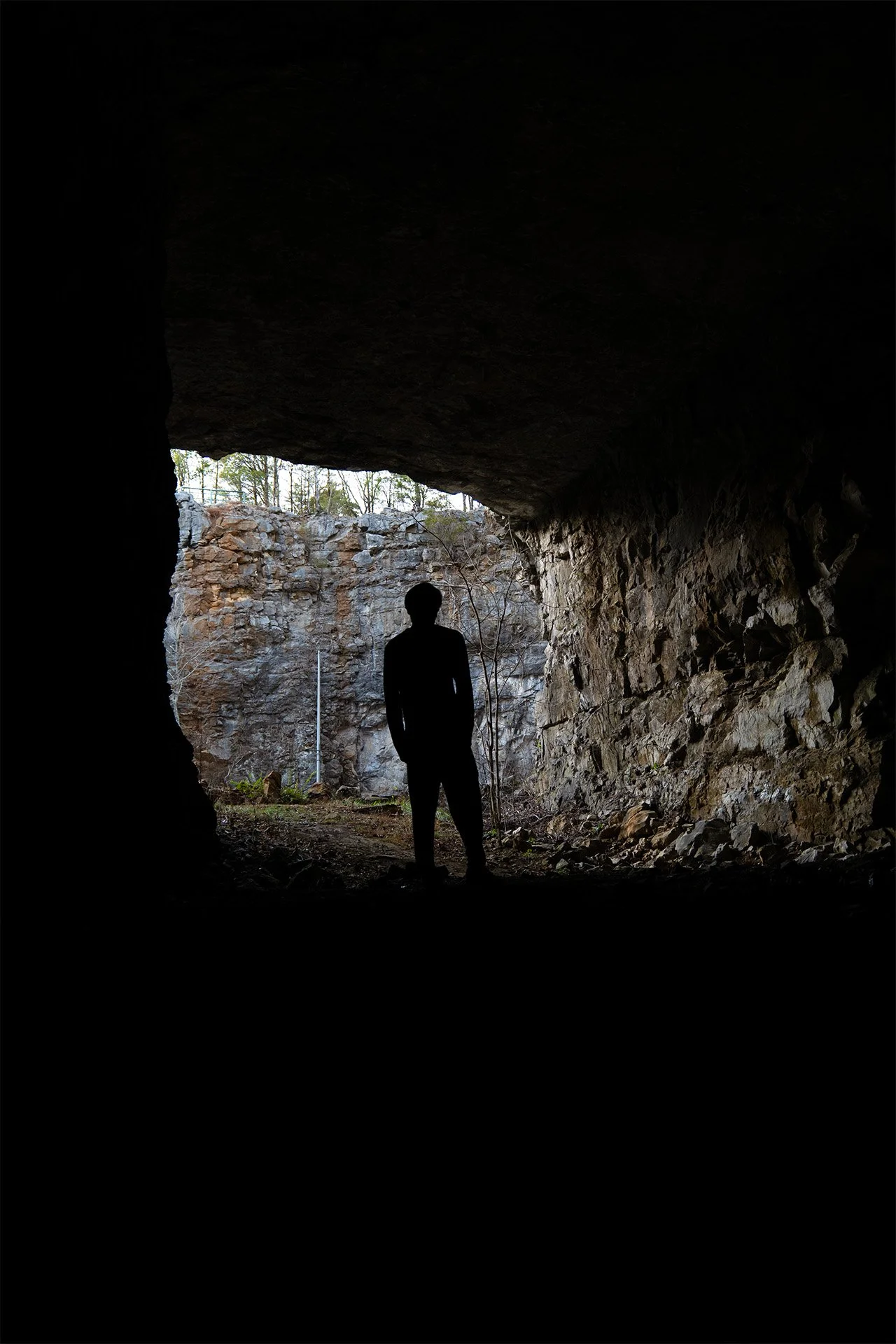 Person standing inside a dark cave looking toward the light outside, with trees and rocky walls visible at the entrance