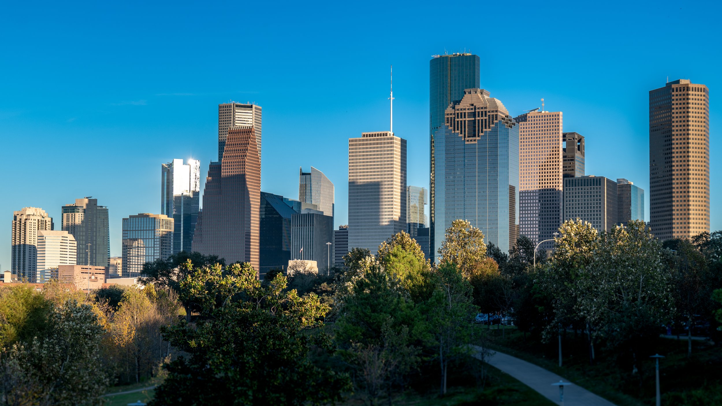 City skyline with tall modern buildings against a clear blue sky, viewed from a park with green trees and a path in the foreground.