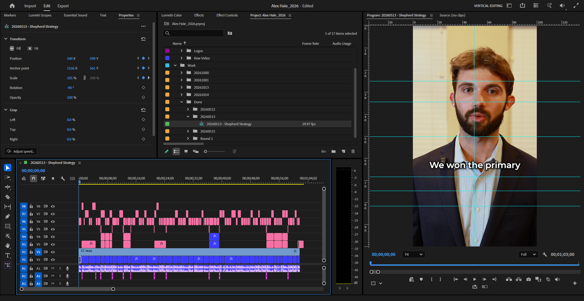 Screenshot of video editing software with a frame featuring a man with light brown hair, a beard, and wearing a dark suit and white shirt. The overlay text reads "We won the primary." The timeline and project folders are visible in the software interface.