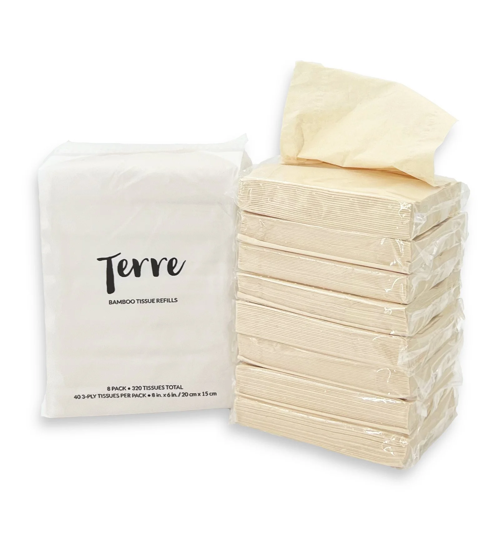 Terre Bamboo Car Tissue Refills, 3-Ply, Unbleached, 8 Pack (320 Sheets Total) Facial Tissue Refills for Car Visor Tissue Holder and Cylinders