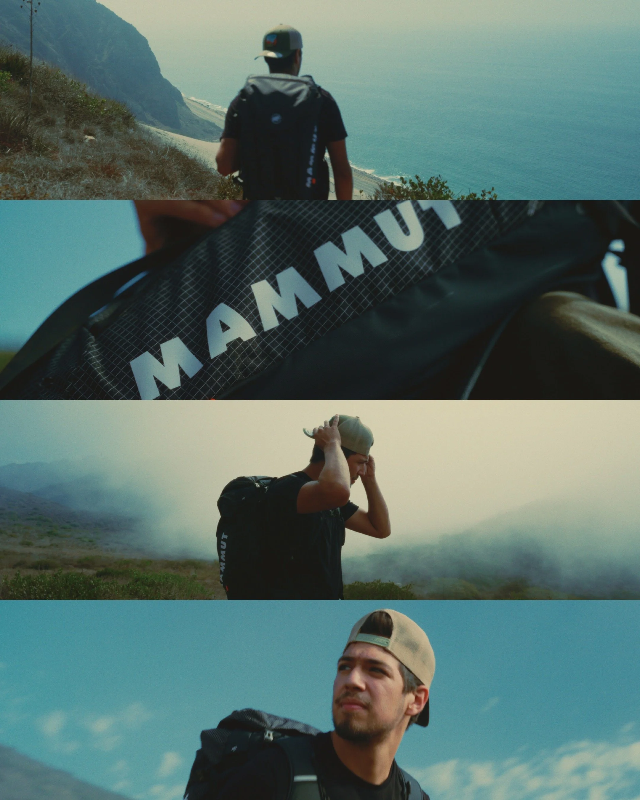 A young man hiking along a scenic coastal trail, carrying a backpack, wearing a cap, and enjoying views of the ocean and mountains.