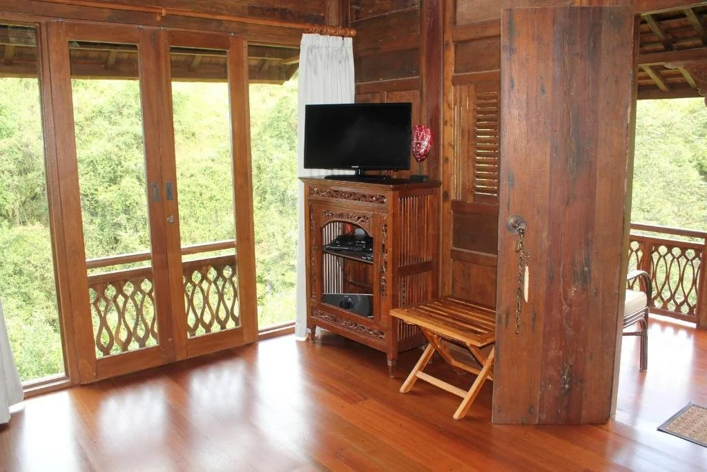 Living room corner with wooden walls, hardwood floor, a sliding glass door, a flat-screen TV on a carved wooden stand, a folding wooden tray table, and a balcony with greenery outside.