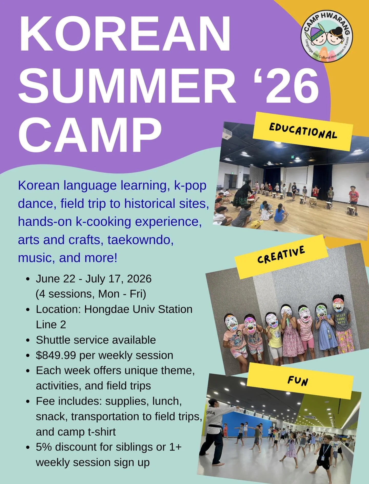 For those new to our page, welcome! We are excited to host our 4th summer korean camp next year in Seoul. We look forward to making lasting memories together! DM us with any questions about the camp, traveling to Seoul with kids, or anything Korea tr