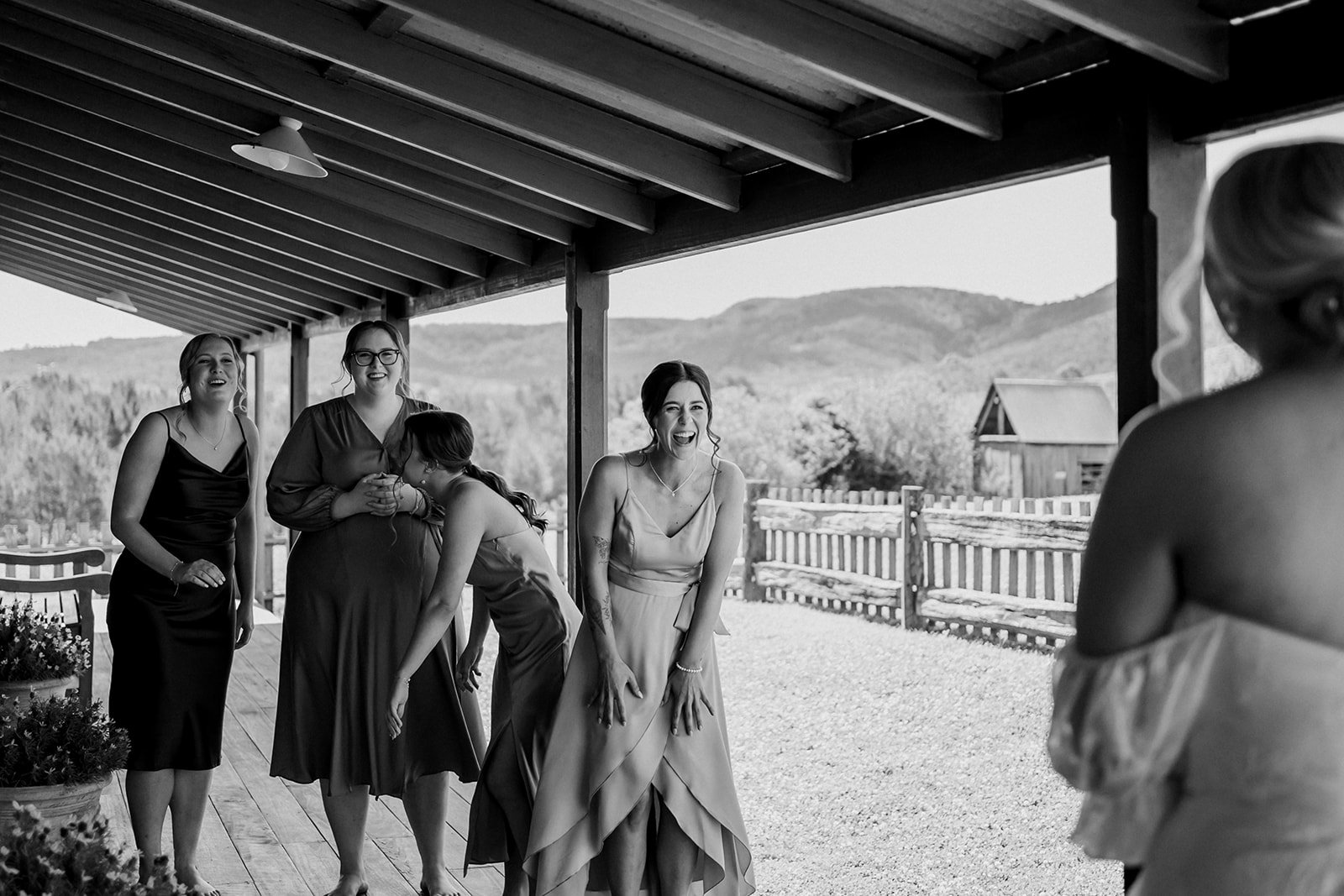Bridesmaids having first look with bride at Tocal Homestead