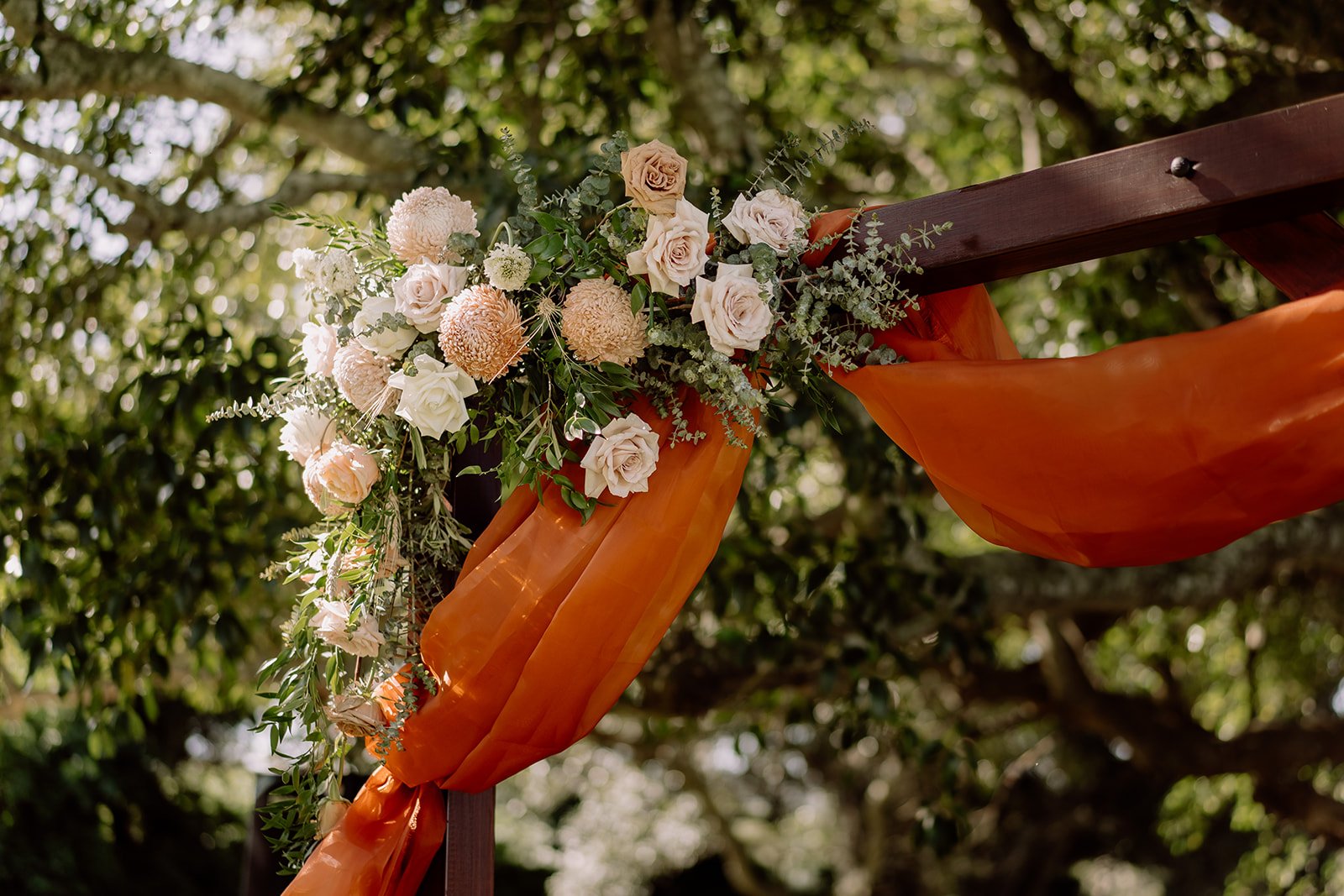 Pink roses and greenery on wooden wedding arbour at Tocal Homestead