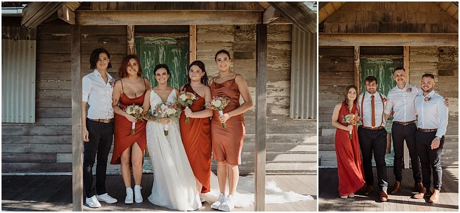 Bridesmaids and Groomsmen photos at old wooden house