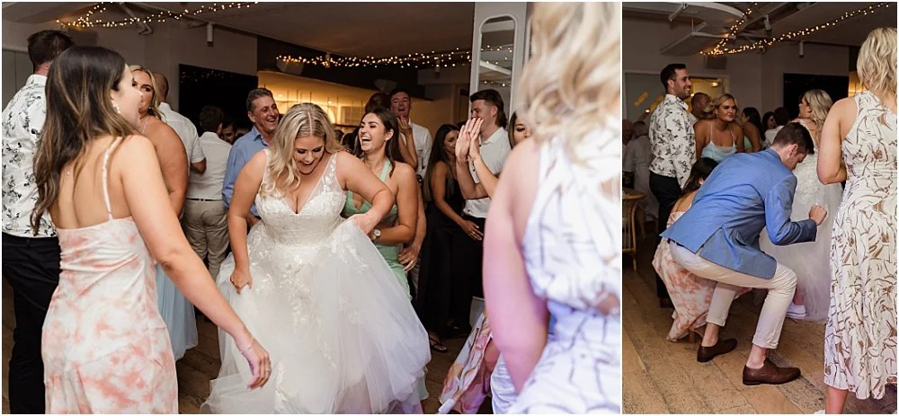 Bride dancing and groomsmen twerking on the dance floor of Shoal bay wedding