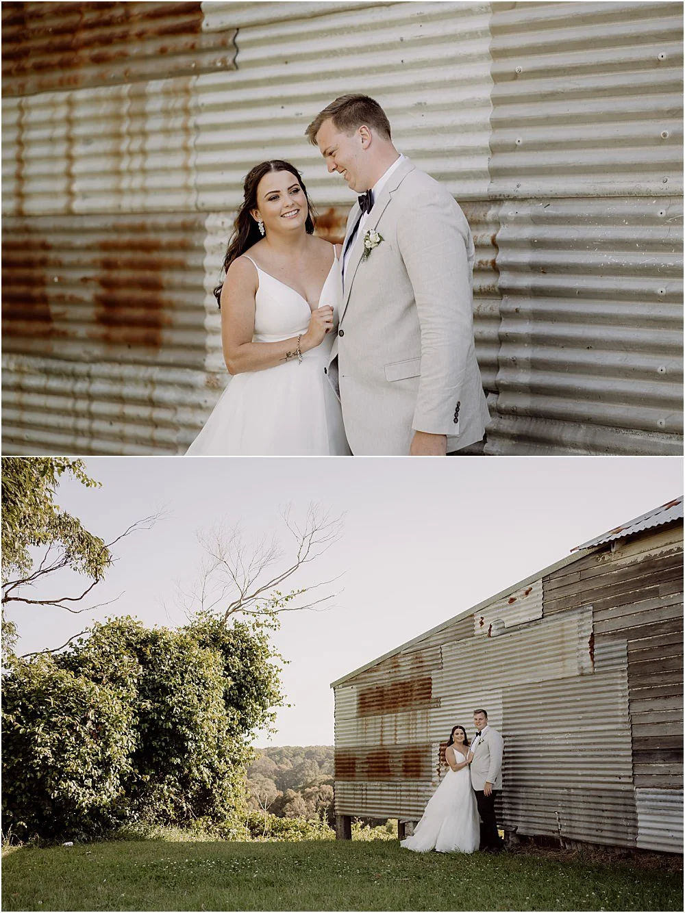 Bride and groom standing in front of old metal shack in Newcastle NSW