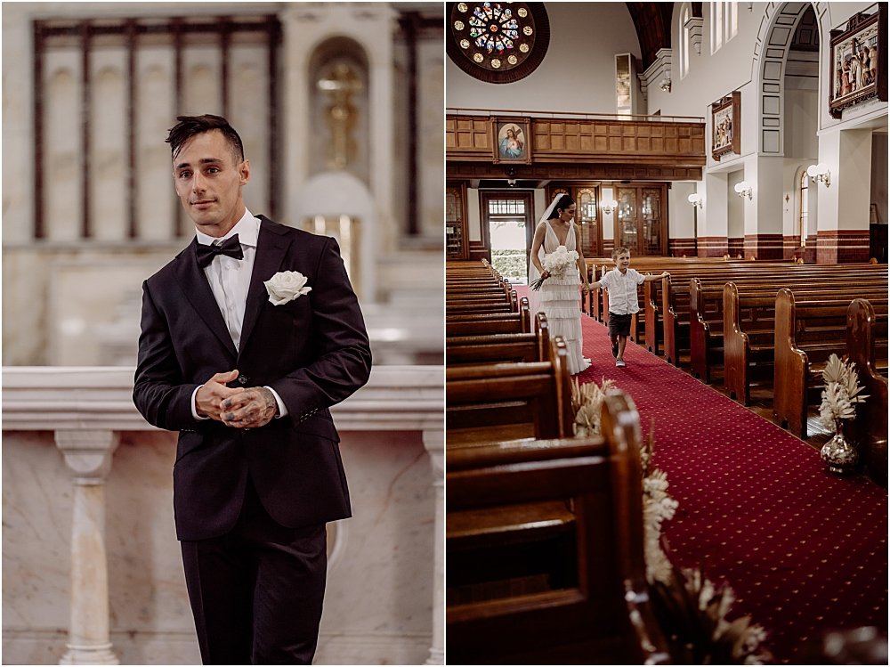 Groom waiting for bride at wedding ceremony in Hamilton NSW