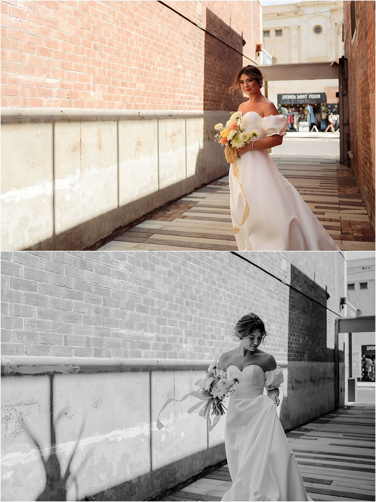 Bride standing in front of brick wall holding orange and yellow wedding bouquet