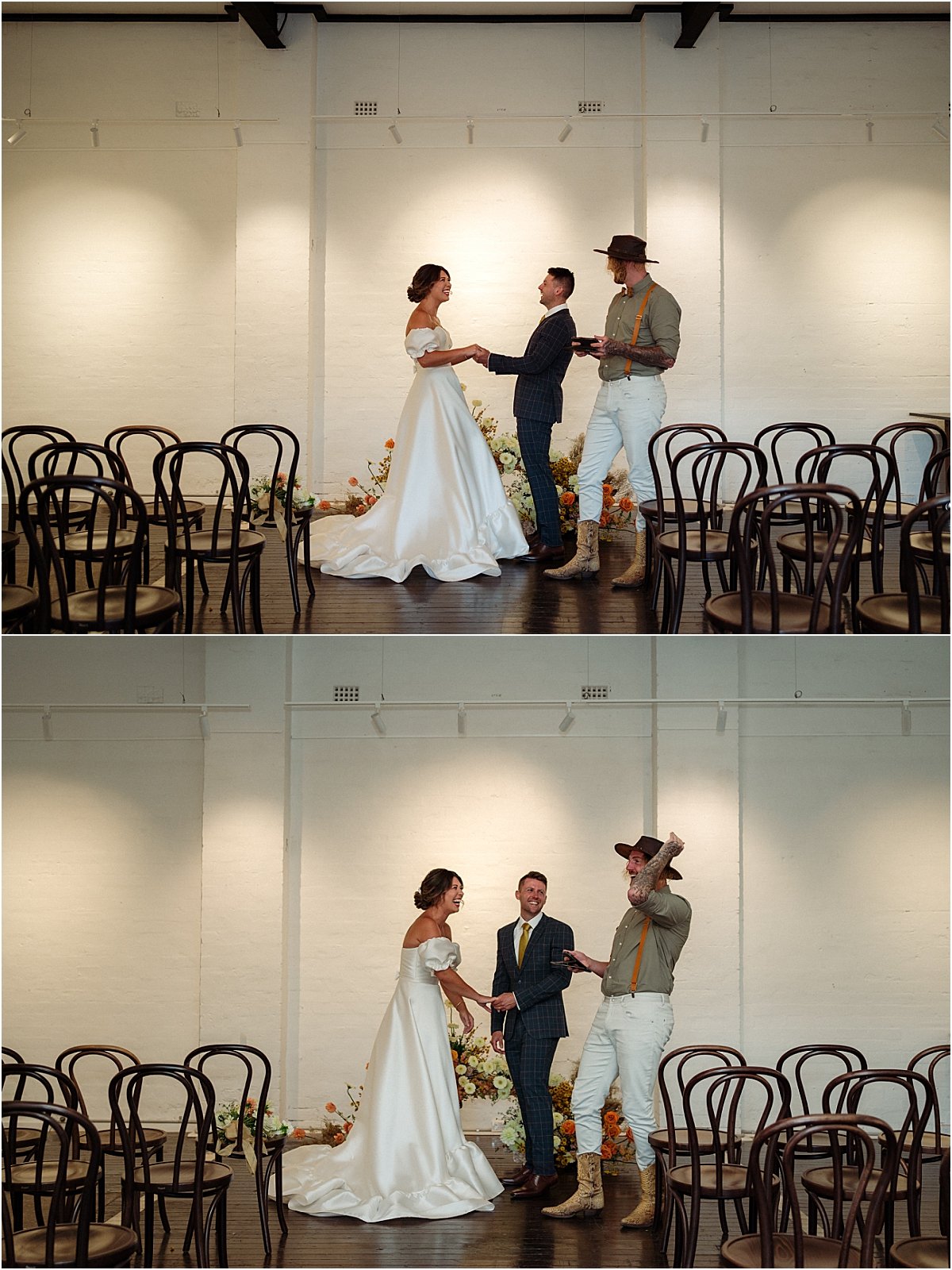 Bride and groom getting married in front of floral nest installation at the Owens Collective in Islington NSW