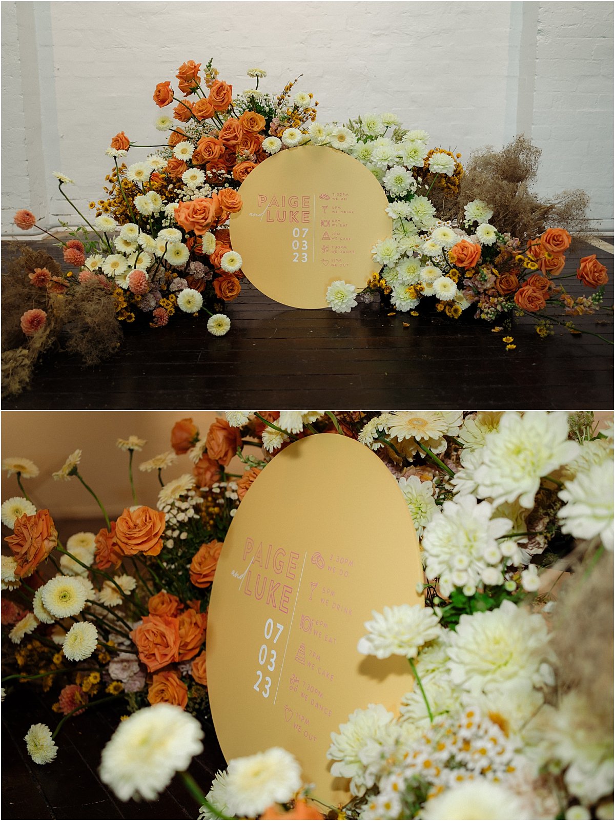 Round yellow wedding signage in front of floral next installation for wedding ceremony