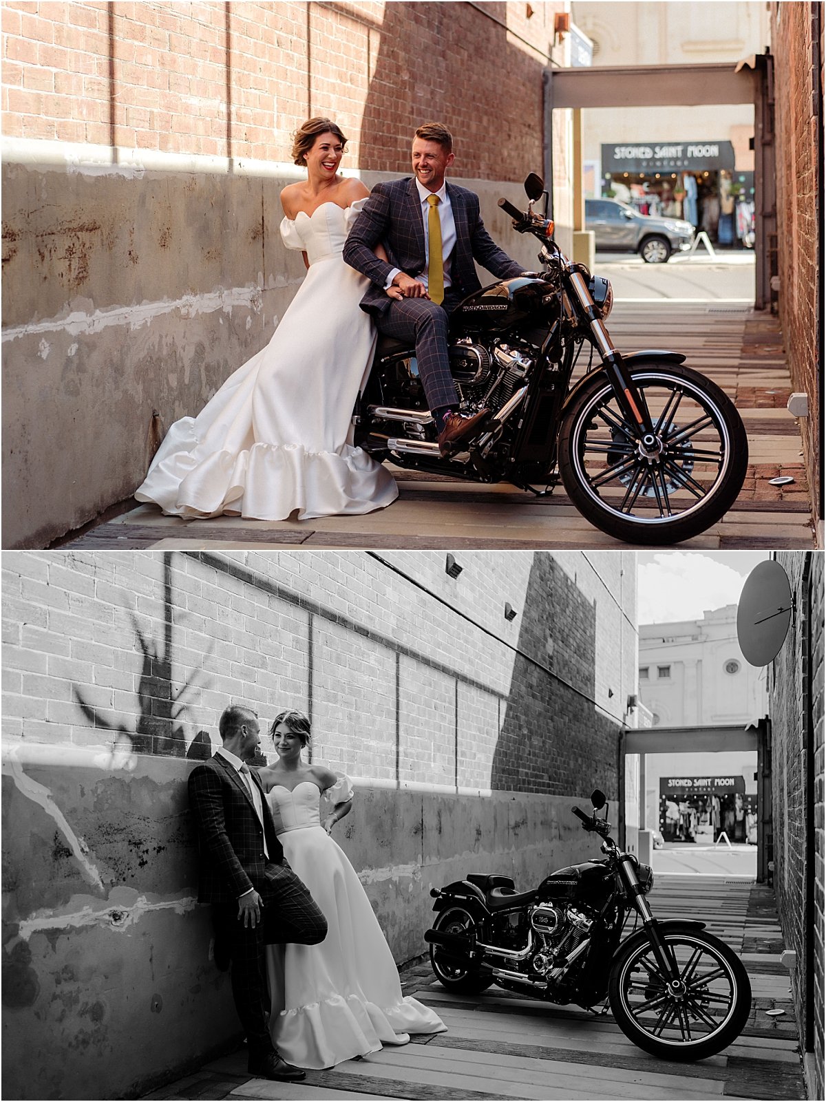 Bride and groom sitting on black motorbike in the alleyway of the Owens Collective in Islington NSW