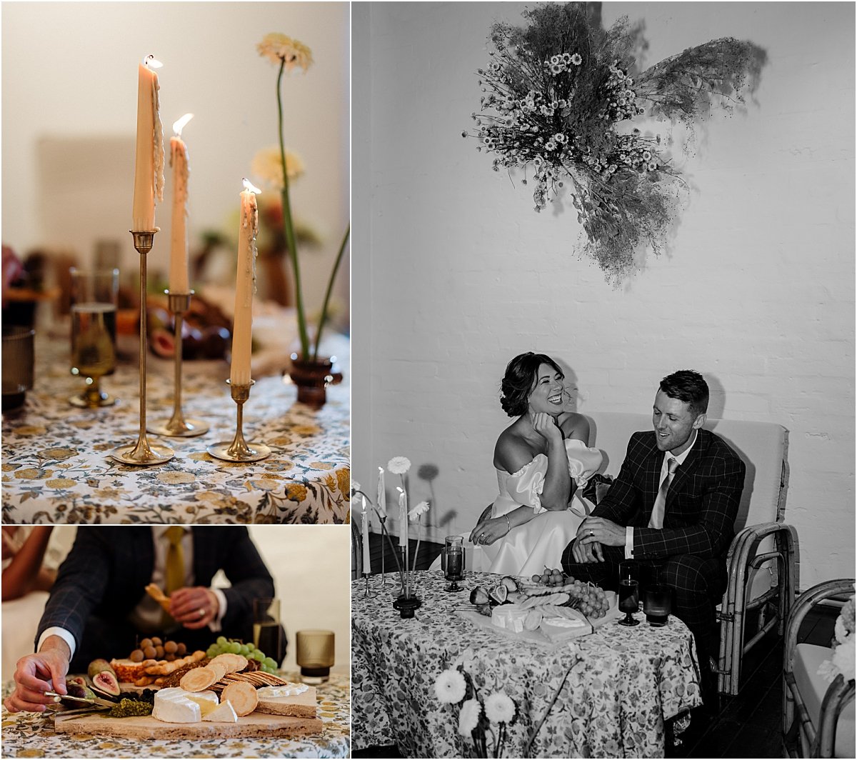 Bride and groom sitting on cane wedding furniture sharing grazing board together