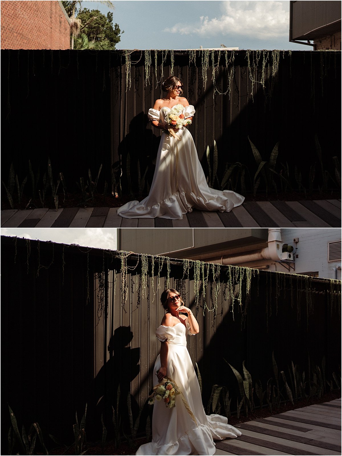 Bride standing in front of black wall wearing cat eye sunglasses and wearing white wedding gown with puff sleeves